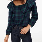J.Crew Women's M Flannel Squareneck Ruffle Top in Green Navy Black Plaid Photo 0