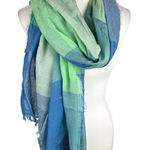 Blue & Green Lightweight Plaid Gauze Scarf Frayed Edges Coastal Boho Layer Photo 0