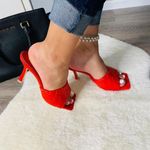 None Red Leather Women PeepToe Sexy Heels Slip On Party Christmas Sandals Size 6.5‎ Photo 2