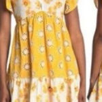 MELLODAY Floral Yellow & White Tiered Dress Square Neck & Ruffled Boho flowy L Photo 0
