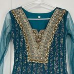 Pakistani Blue and Gold Beaded Sequin Long Sheer Sleeve Dress Size XS Photo 2