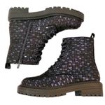 Tinstree Combat Boot Metallic Blue Printed Lug Sole 8 Eye Lace Up Boots Size 6 Black Photo 2