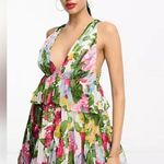 ASOS NWT DESIGN plunge pleated tiered mini dress in white based floral Sz 12 Photo 4