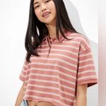 American Eagle Salmon Pink and White Striped Cropped Polo Shirt Photo 0