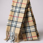 Tan Plaid 100% Cashmere Scarf Unisex Hand Tailored Germany Classic Preppy Fringe Photo 0