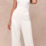 Lulus NWT  Memorable Occasion White Beaded Sequin Wide-Leg Jumpsuit Glam Bling S Photo 0