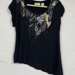 Miss Me  Black Asymmetrical Tee Shirt Womens S Y2K Gold & Silver Sequin Leaf Photo 0