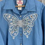 Quacker Factory Shirt Blue Butterfly Sequin Embroidery Rhinestone Statement Med Photo 1