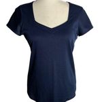 Vintage 80s Rina Stretch Knit Short Sleeve Top S Navy Blue V Neck Back Zipper Photo 0