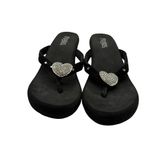 Flojos Olivia Wedge Sandals Flip Flops Black Heart SZ 6 Rhinestone Embellished Photo 1
