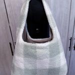 Handmade White Light Green Plaid Sherpa Tote Bag Photo 7