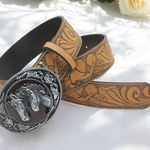 Vintage Style Twin Horses Embossed PU Leather Belt Casual Accessory Size L Tan Size L Photo 0