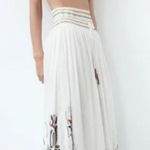 ZARA Women 100% Cotton White Maxi A-Line Skirt Ocean Embroidered Lined Tassel M Photo 0