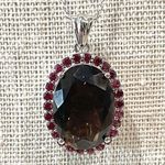 JTV Smoky Quartz and Red Gemstone Halo Pendant Necklace Silver Tone Photo 0