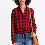 Madewell  Front Tie Red Black Buffalo Plaid Flannel Shirt Size Medium NWT Photo 2