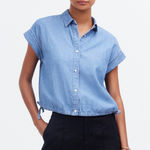 Madewell  Classic Blue Denim cropped button down short sleeve blouse Photo 0