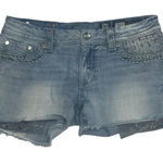 Miss Me Cut Off Embroidered & Bling Denim Shorts Size 30 Raw Hem Low Rise Y2K Photo 0