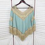 Umgee Boho Peasant Crochet Fringe Hem Triangle Top Teal Green Tan Large Photo 8