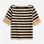 J.Crew Mariner Black & Tan Striped Feather-Trim Boatneck Pullover Top Size Small Photo 0