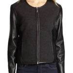 Eileen Fisher Felted Merino Doubleknit Leather Trim Coat Small Black Gray NEW Photo 0