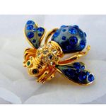 VTG Joan Rivers Blue Crystal COSMIC BEE PIN Brooch Enameled Gold Green Eyes Photo 2