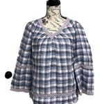 Chico's  Crochet-Detail Gingham Linen Popover Top Beach Boho Modest Mature Prep 0 Photo 1