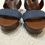 White House | Black Market WHBM Moon 6.5 chambray faux wood wedge sandal heels 3069 Photo 1