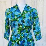 Newport News Dress Womens 4 Blue Green Watercolor 3/4 Sleeve Tie Button Front Photo 1