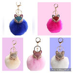 Fluffy Fox Blue Rose Pink Pearl and Gold Rhinestone Pom Bag Charm Keychain Photo 2