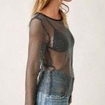 Free People NEW Filter Finish Long Sleeve Netted Rhinestone Top Navy Small Photo 0