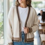 NWT Cream Horseback Knit Varsity Cardigan Sweater Jacket Horse Motif Large Brown Photo 0