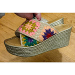 Granny square Multicolor Crochet Wedge Sandals Size 6.5 Gold Photo 4