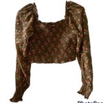 Aerie Square Neck Smocked Bishop Sleeve Crop Top Brown Size L Photo 0