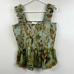 NEW Anthropologie Smocked Velvet Babydoll Top Womens XL Green Fall Foliage Print Photo 4