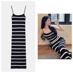 ZARA  Navy Striped Square-Neck Maxi Dress Medium Ribbed Knit Stretch Minimalist Photo 1
