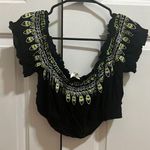 Black crop top with lime green and white tribal print. Size M Photo 0