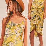 Mable Isabela Satin Tropical Floral Asymmetrical Midi Dress Yellow Medium Photo 2
