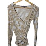 Jennifer Lopez XS Beige Marble Print Ruched Wrap Top Long Sleeve Photo 0