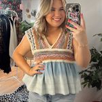 Pilcro  Embroidered Babydoll Top V-Neck Blue Motif Photo 0