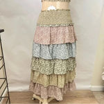 Storia Color Block Tiered Maxi Skirt Floral Smocked Waist Olive Multi Lined Photo 3