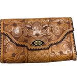 Vintage Tooled Leather Clutch Purse Floral Design Southwestern Boho Embossed Brown Photo 0