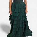 Emerald green strapless maxi dress with ruffles from Stacees. *Pictures 4 and 5 were before being hemmed. For reference I am 5’3 and normally size 4 Photo 4