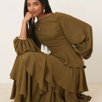 Pretty Lavish Beatris lace up back ruffle maxi dress in deep olive Green Size 4 Photo 0