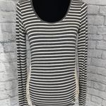 Paper + Tee  women M Longsleeve scoopneck stripe top w/lace sides grey & white  Photo 0