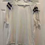 Ellison Anthro Womens T-Shirt White Blue Gold Stripe 3/4 Sleeve Sz L Linen Blend Photo 0