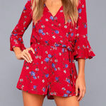Lulus Bronwen Red Floral Tie Waist Flounce Sleeve Romper SMALL Photo 0