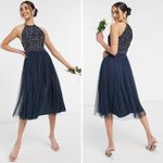 New! Maya halterneck midi tulle dress‎ tonal delicate sequin navy size 2 Blue Photo 1