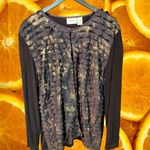 Chico's Travelers Women's Size 3 Black Gold Ruffle Front Long Sleeve Top Shirt Photo 1