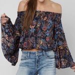 Free People  Free Spirit Printed Off-The-Shoulder Bell Sleeve Top Boho Festival Photo 0