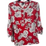 Sami & Jo Red Floral Sheer Pullover Roll Tab Sleeve V-neck Top 2x Photo 0